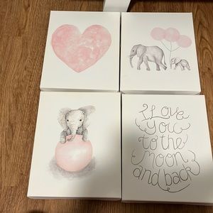 Pink elephant nursery artwork ready to hang.